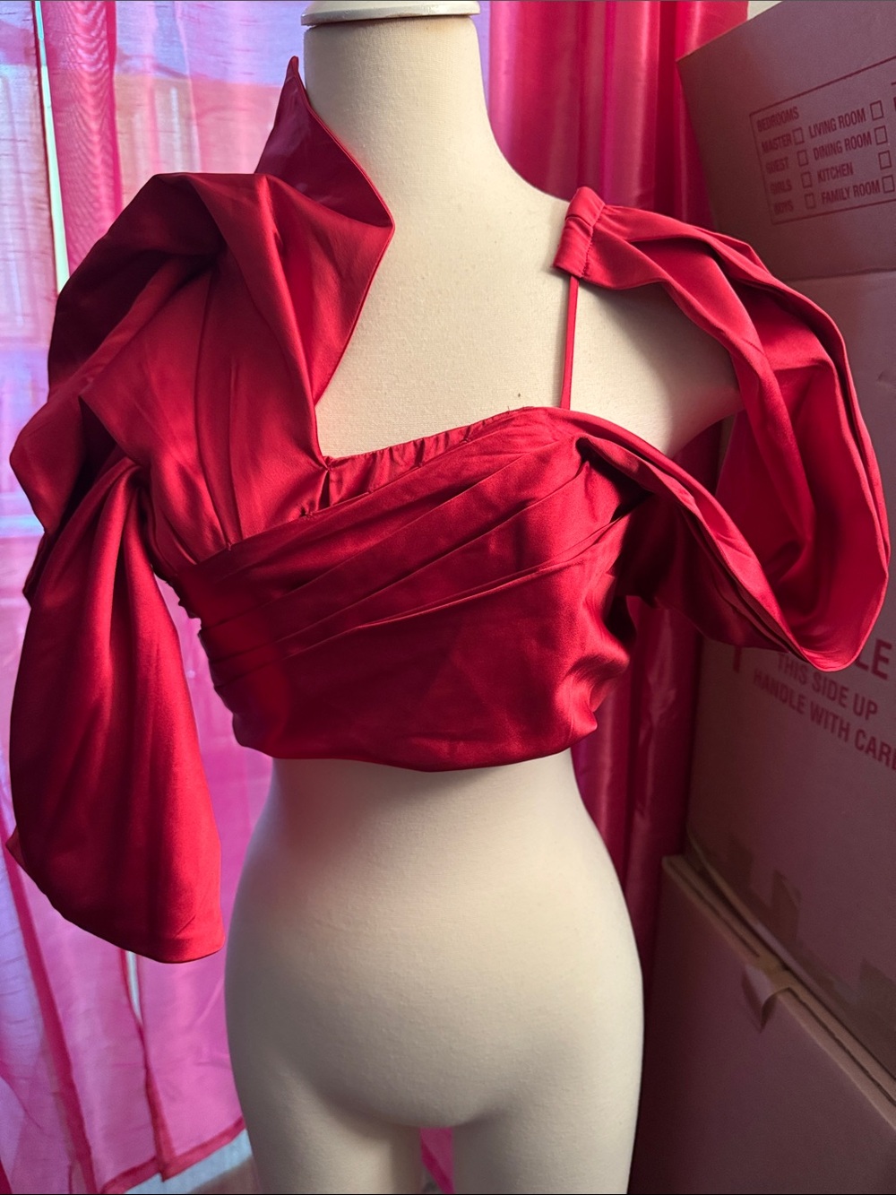 Red Satin Off-Shoulder Draped Crop Top